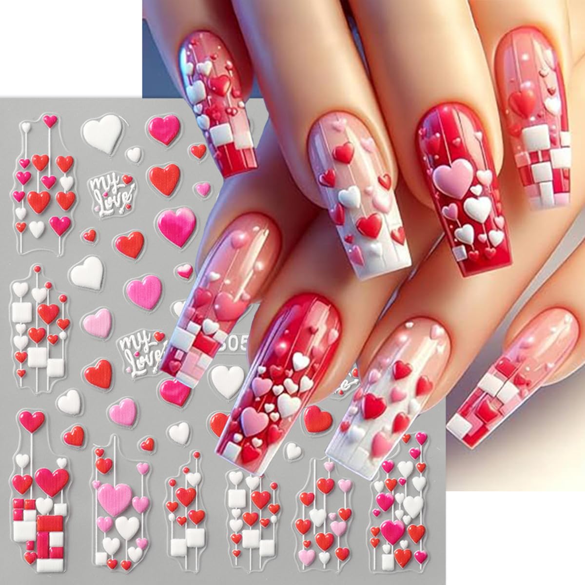 Valentine’s Day Nail Stickers for Nail Art, 5D Embossed Love Heart Nail Decals 2PCS Red White Pink Heart Envelope Rose Balloons Self-Adhesive Valentines Nails Design Manicure Accessories for Women