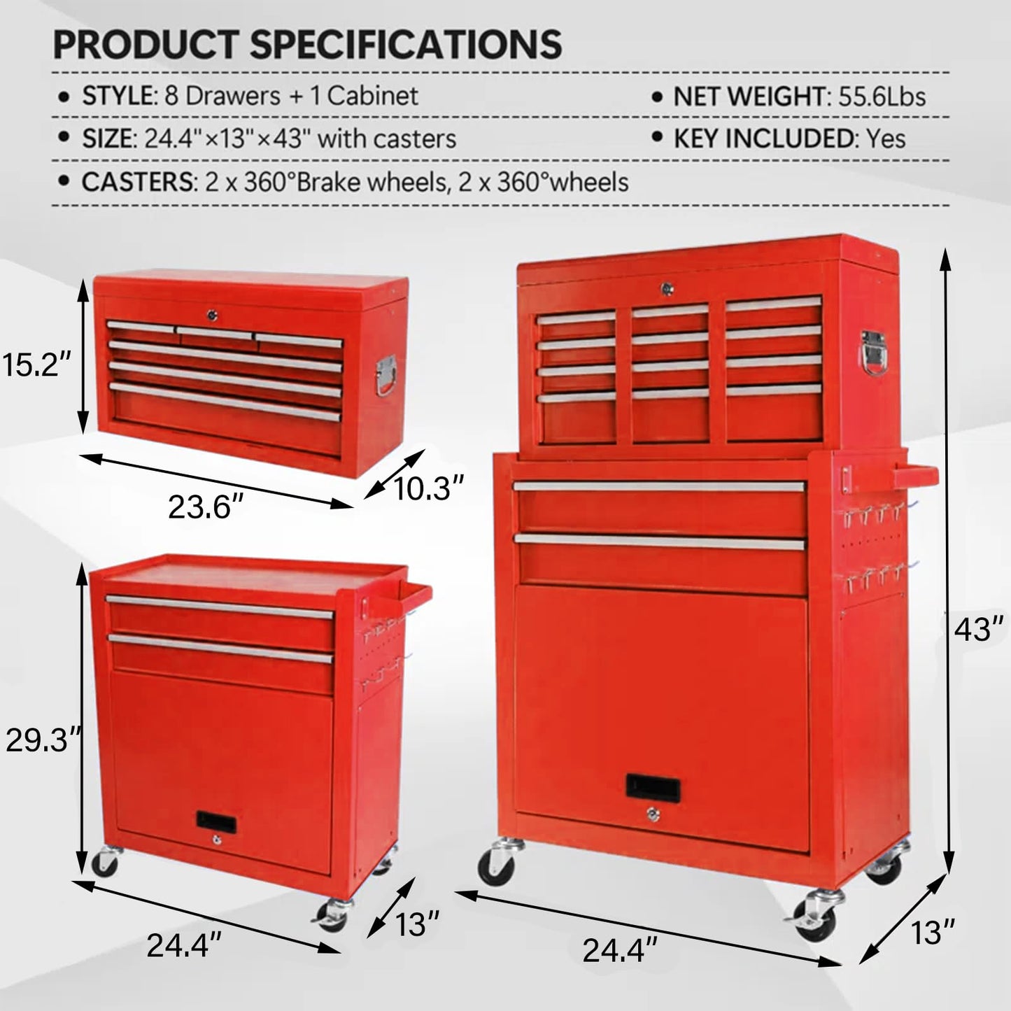 Clickoods 8-Drawer Rolling Tool Chest with Detachable Top Tool Box, Lockable Metal Tool Cabinet, and Liner, Heavy-Duty Storage Organizer with Wheels and 6 Hooks for Garage, Workshop, Red