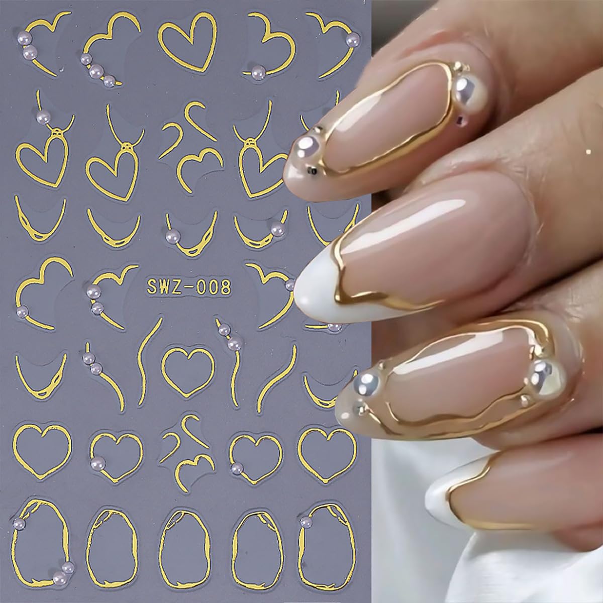 2 Sheets Heart Nail Art Stickers Gold Gliding Bow Nail Decals 3D Glitter Pearl Rhinestones Design Nail Stickers Self-Adhesive Romantic Heart Nails Art Decoration for Women DIY Acrylic Manicure