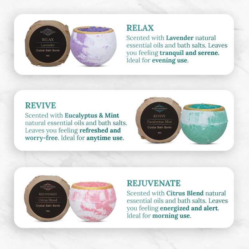 Satavi Naturals Crystal Bath Bombs Gift Set (6 Pack) – Aromatherapy Geode Fizzies with Nourishing Bath Salts – Lavender, Eucalyptus Mint & Citrus – Spa Gifts for Women, Relaxation & Moisturizing