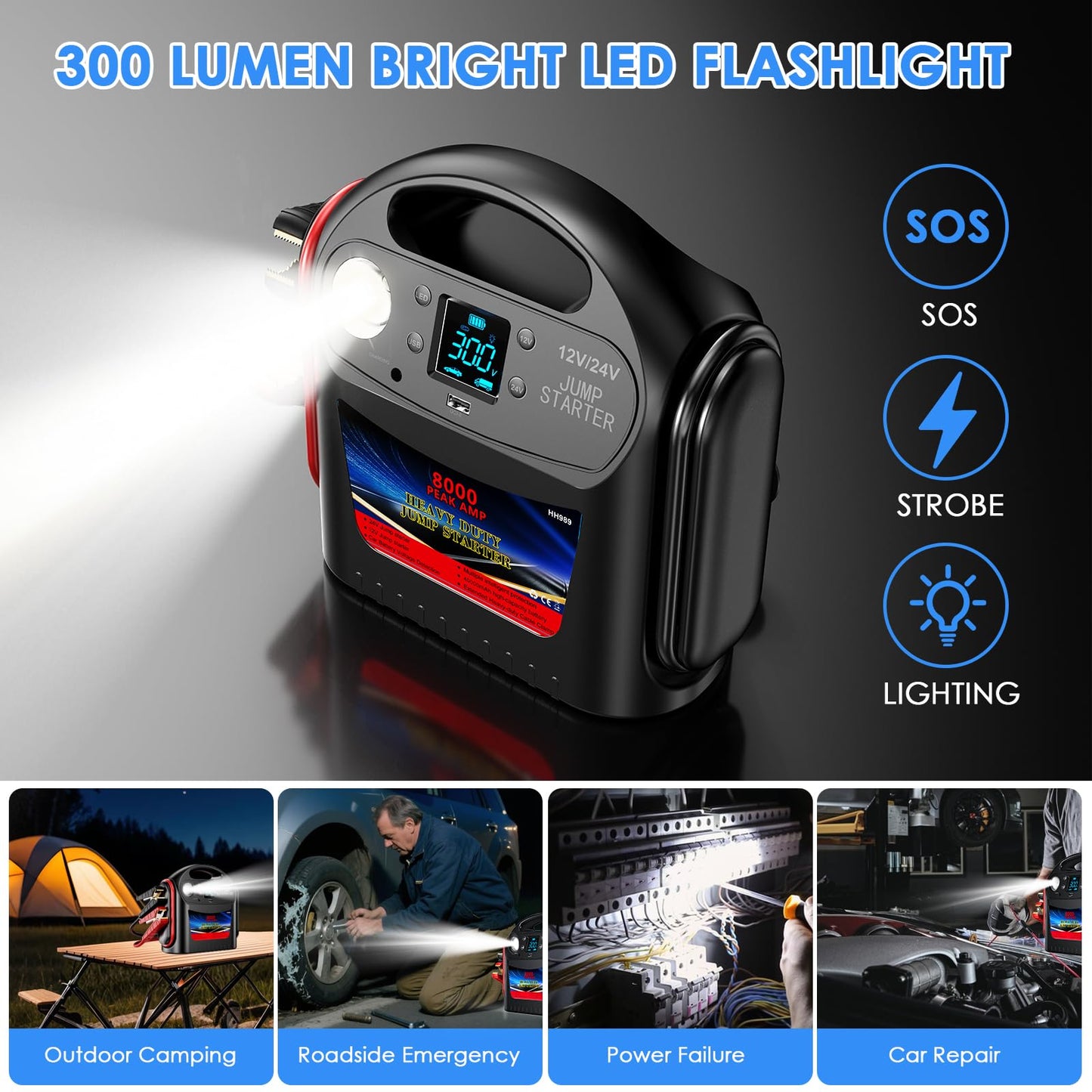8000A Car Battery Jump Starter for All Gas/Diesel,12V/24V Intelligent Car Jumper Starter Battery Pack, Heavy Duty Portable Jump Box Power Pack with LED Light