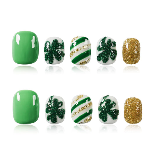 Tesytto Green & Gold Glitter Extra Short Squoval Press On Nails, Handmade Clover and Stripe Design, Reusable Full Cover Acrylic Nails (Size M)