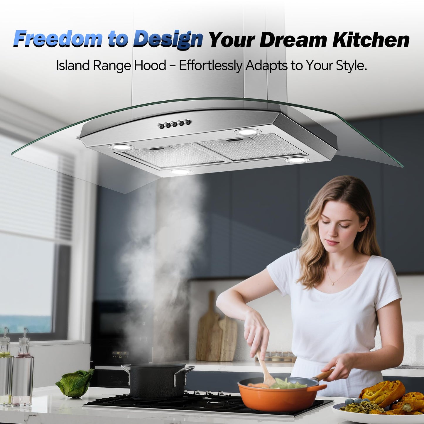 Tieasy 36 inch Island Range Hood 700 CFM Ceiling Mount Hood Stainless Steel Stove Vent Hood with Tempered Glass, Push Button Controls, Mesh Filters