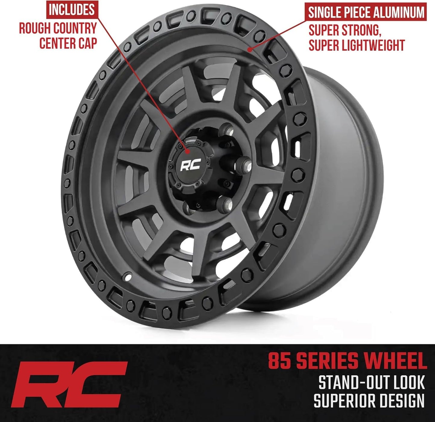 Rough Country 85 Series 15x8 Wheel - 5x4.5" Bolt Pattern, 19mm Offset, Gunmetal Gray with Black Simulated Beadlock, One-Piece Aluminum Off-Road Wheel