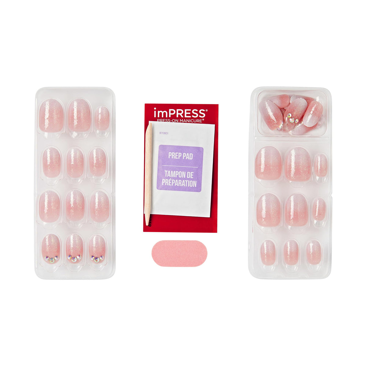 Kiss Impress No Glue Mani Press On Nails, Design, 'Even Better', Pink, Short Size, Oval Shape, Includes 30 Nails, Prep Pad, Instructions Sheet, 1 Manicure Stick, 1 Mini File