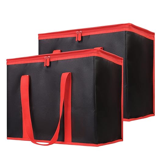 Bodaon 2-Pack Insulated Reusable Grocery Shopping Bags, X-Large Picnic Cooler Bag with Zipper Zippered Top Cold, Black with Red Edge