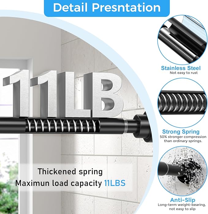 Shower Curtain Rod 31-63 Inch,0.87"Diameter Adjustable Spring Tension Curtain Rods No Drill,Matte Black Shower Tension Rod for Bathroom,Room Divider,Window,Anti-Rust Non-Slip 1-Pack