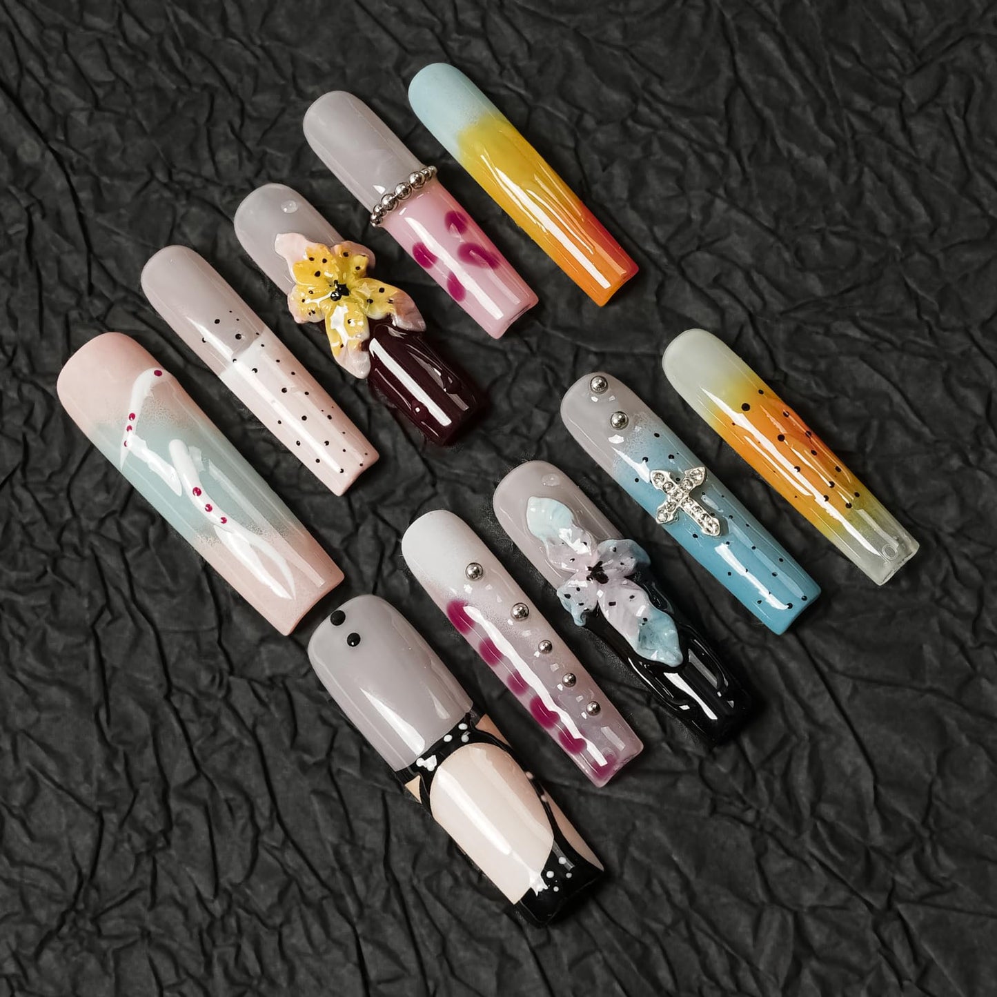 Tesytto Long Square Press on Nails - Luxury Handmade French Tips Press on Nail with 3D Flowers & Rhinestones Cross Design，Multi-Layer Gel False Nails for Women (Ice Crystal Water Lily,S)