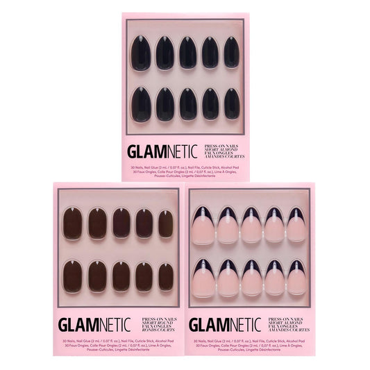 Glamnetic Press-On Nails Bundle - Bark Brown, Caviar & Boba | Dark Brown Round False Nails | Almond Black French Tip Fake Nails | Opaque Black Almond Nails