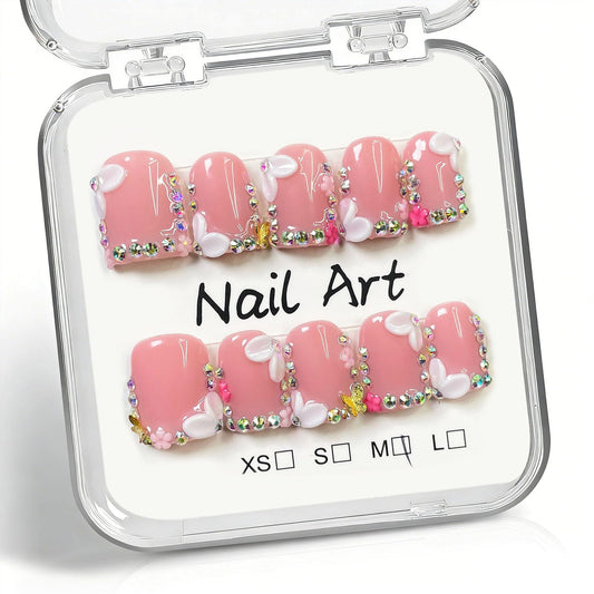 10 Pcs Pink Handmade Press on Nails Short Square Fake Nails with 3D Flower Rhinestones Charms Design Acrylic False Nails M Size Press Ons Nails Square for Women Manicure