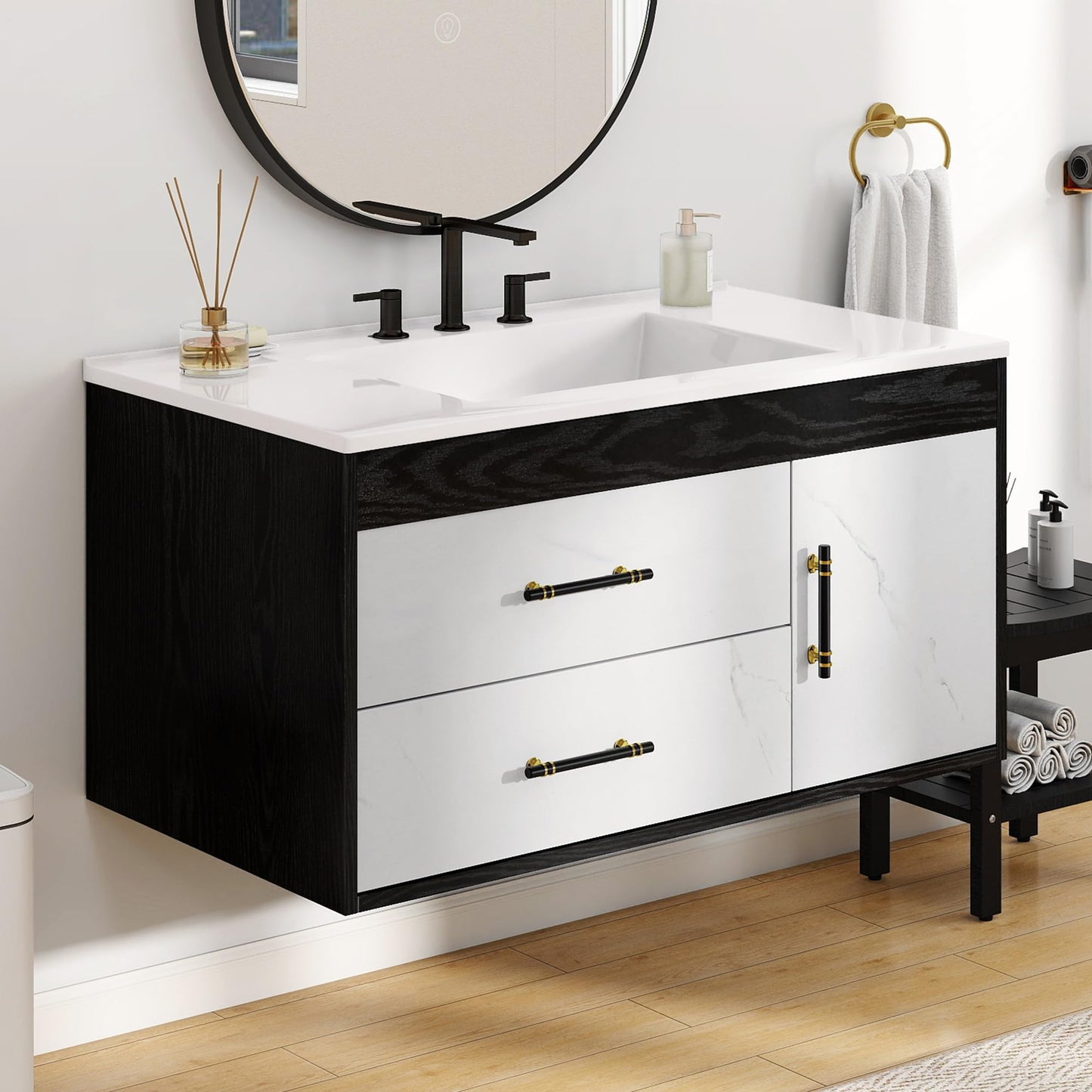 YITAHOME 36 Floating Vanity with Sink, Wall Mounted Bathroom Cabinet Vanity with Soft-Close System Cabinet, Marble Pattern, 2 Drawers & Pre-drilled Three Holes