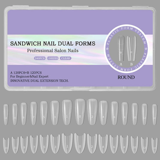 Sandwich Dual Nails Forms, Almond 240Pcs Double-Layer Nail Mold Set, 15 Sizes Top and Bottom Molds Plastic Forms for Builder Gel Nail Extensions, Salon Nail Art Tools At Home