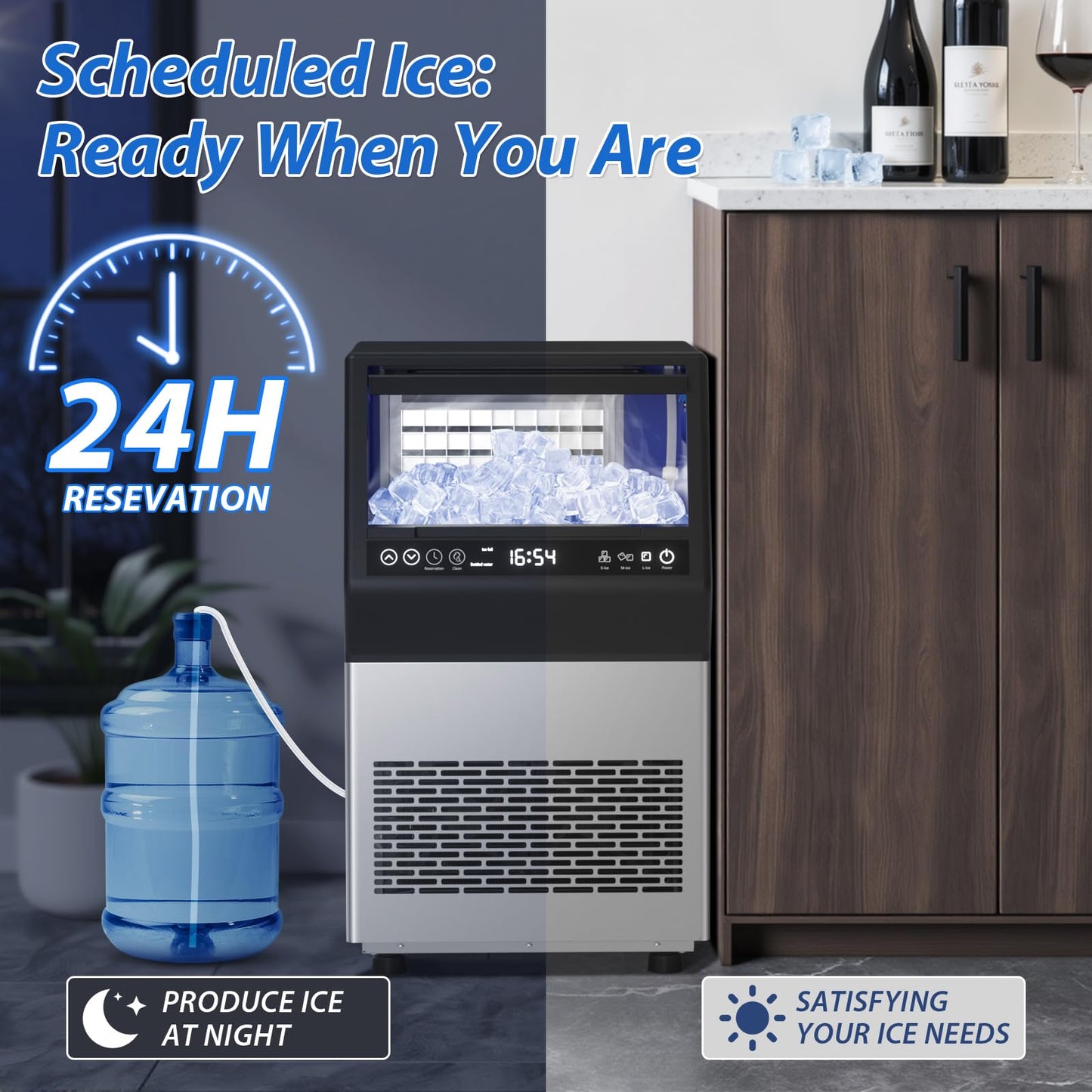 Commercial Ice Maker, 100LBS/24H Undercounter/Freestanding Ice Machine with Self-Priming Gallon Water& Facuet Water Inlet, Self-Cleaning, 3 Ice Thickness,16LBs Storage Bin for Home, Office,Garage
