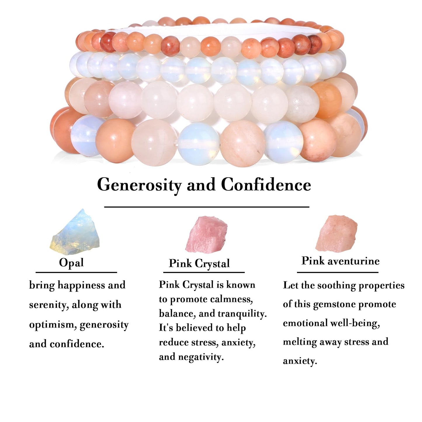Vinswet 4pcs Natural Stone Beaded Bracelets for Women Men,Healing Crystal Gemstones Stretch Bracelet,4mm 6mm 8mm 10mm Pink aventurine Crystal Opal Anxiety Stress Relief Bracelet Jewelry Gifts
