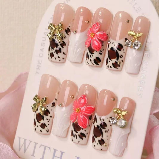 100% 5D Handmade Press on Nails with Charms Long Square Nails Press ons- Embossed French Tips False Nails Bow Flower Cherry Charms Press on Nails for Women Girls Daily Wear DIY Manicure Size M