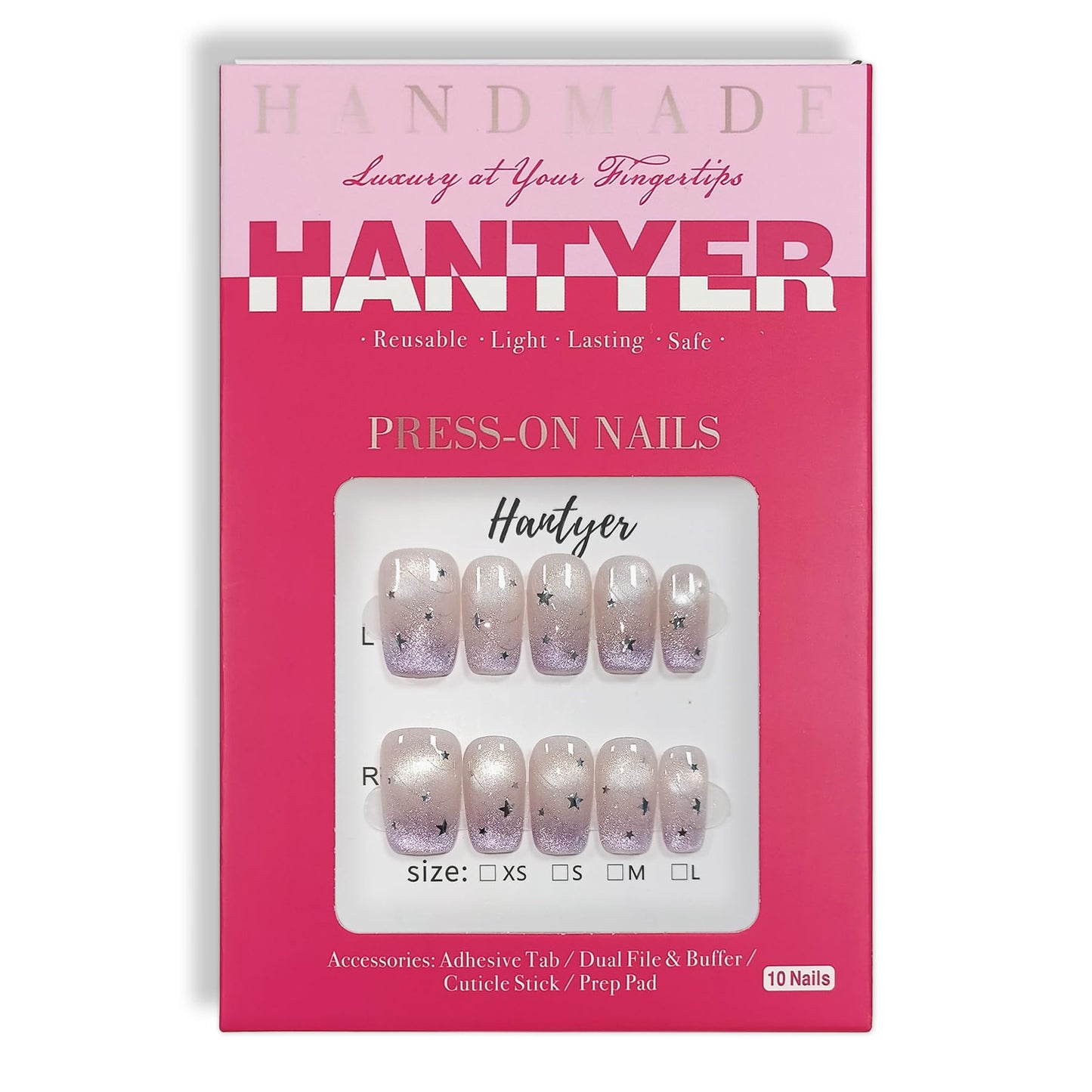 Hantyer 10pcs Press on Nails, Medium Coffin Glossy Fake Nails, Lavender Cat Eye French Tips with Silver Stars, Reusable False Nails for Women, Sweet Galaxy Nails for Party (Size L) ﻿