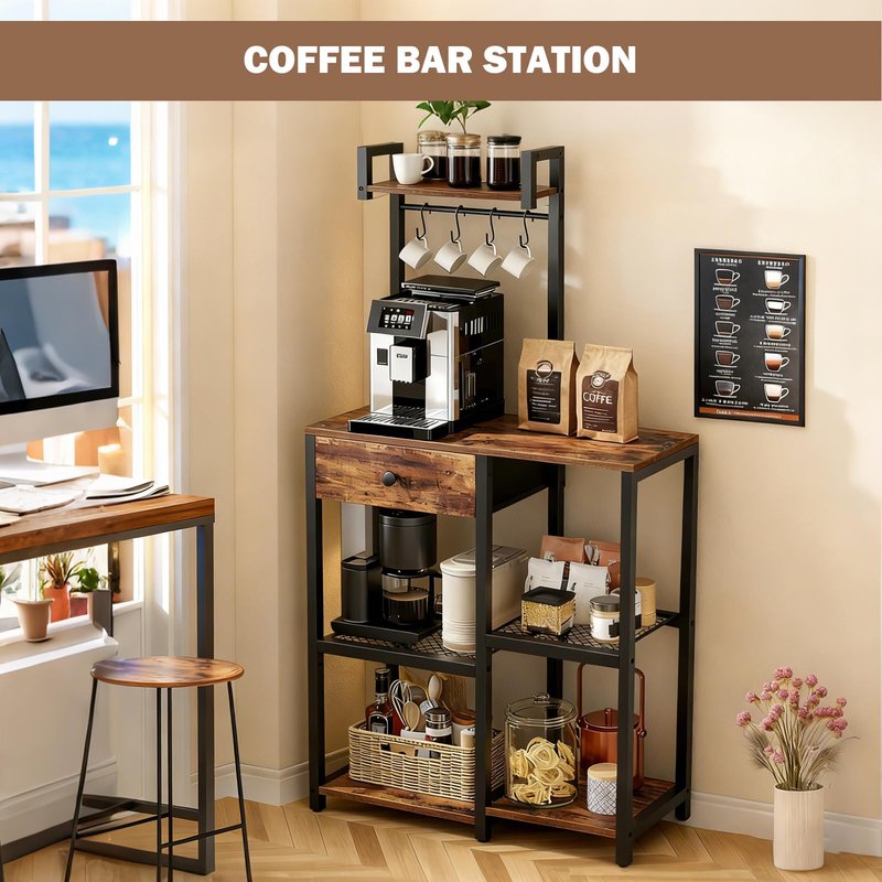 Bakers Rack with Storage,Microwave Stand with Drawer,6 Tier Coffee Bar Organizer Station,Adjustable Microwave Stand with Hooks,Free Standing Kitchen Appliance Storage Shelf,Baker Rack for Spices,Pots
