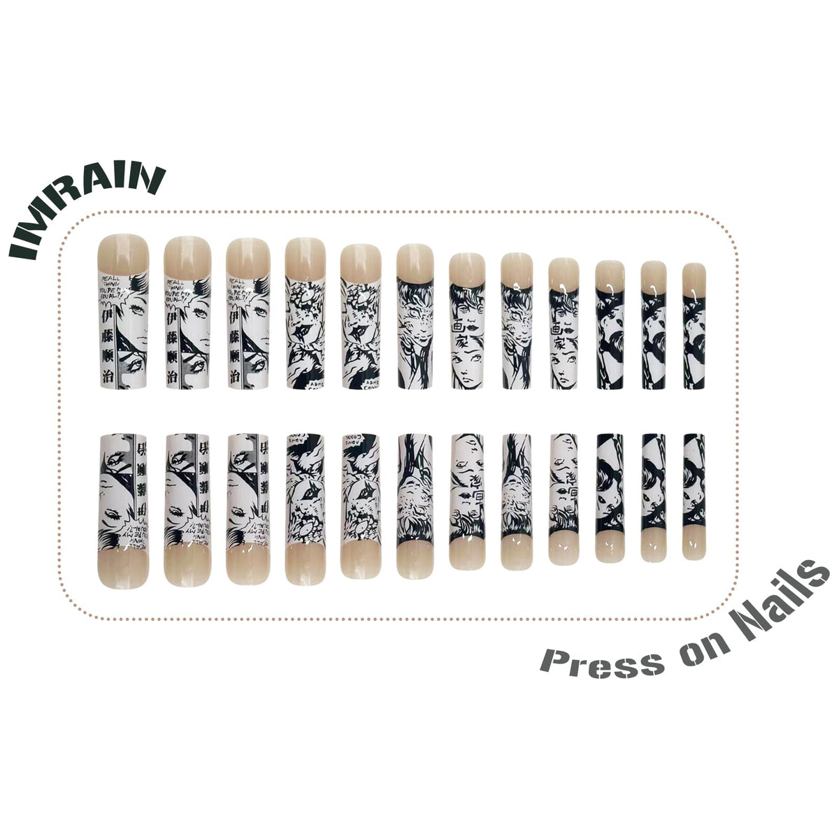 IMRAIN Press on Nails Long Square Fake Nails Black White French Tips, Anime Graffiti Artificial Stick on False Nails Full Cover Gel Acrylic Nails for Women Girls 24Pcs