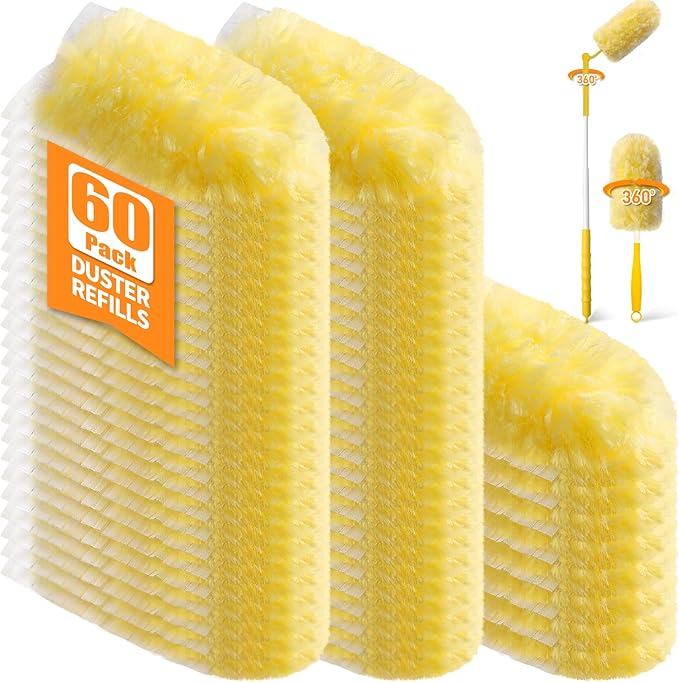 60 Count 360Â° Heavy Duty Duster Refills, Compatible with Swiffer Duster, Includes 1 Short Handle & 1 3 ft Extendable Handle, 4X Microfiber Cleaning Dusters, Disposable Unscented
