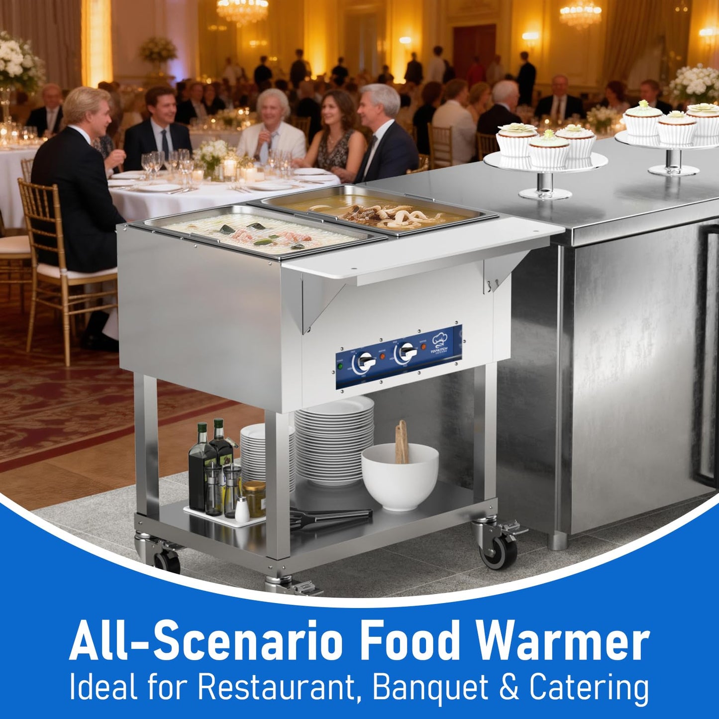 TOPKITCH 2-Pan Commercial Food Warmer, Electric Steam Table with Independent Temperature Control, 120V 1000W Stainless Steel Buffet Catering Food Warmer with Undershelf and Workspace, for Restaurant.