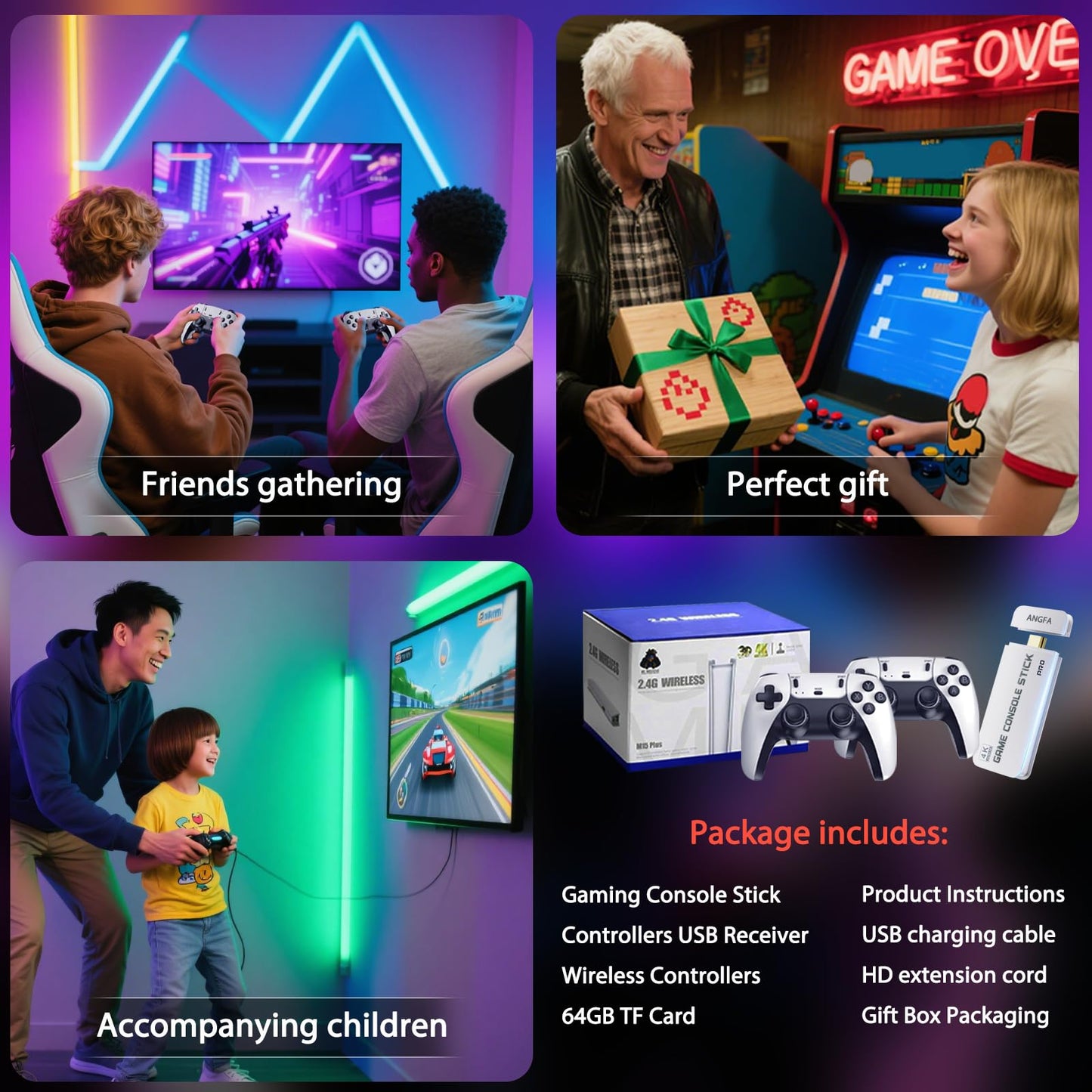 Wireless Retro Game Console Built-in 20000+ Games and 23 Emulators, 2025 New Plug & Play Retro Gaming Console with 4K Output & Dual 2.4G Controllers, Games Nostalgic Stick (64GB)