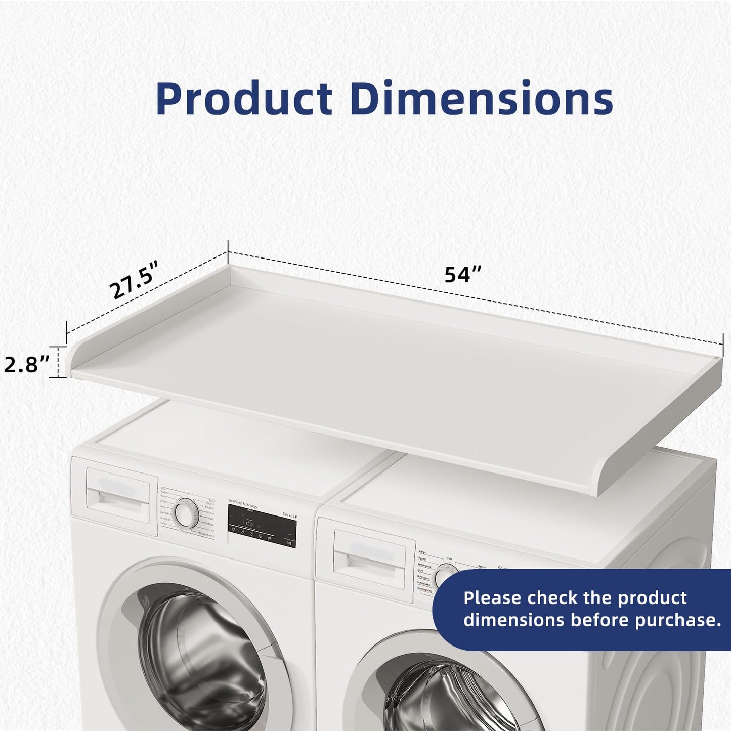 Memobarco Washer Dryer Countertop, 54" Width x 27.5" Depth Laundry Countertop Organization, Wooden Washer and Dryer Topper for Folding, Sorting & Ironing, Easy to Install, White