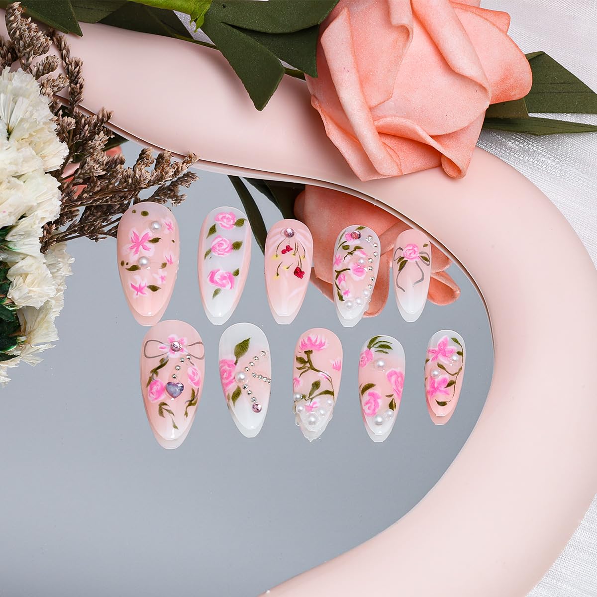 24Pcs Pink Flower Press on Nails Medium Almond Fake Nails with Peach Blossom Rhinestones Pearl Design Handmade False Nails 3D Floral Gems Bow Glue on Nails Rose Artificial Acrylic Nails Kit for Women