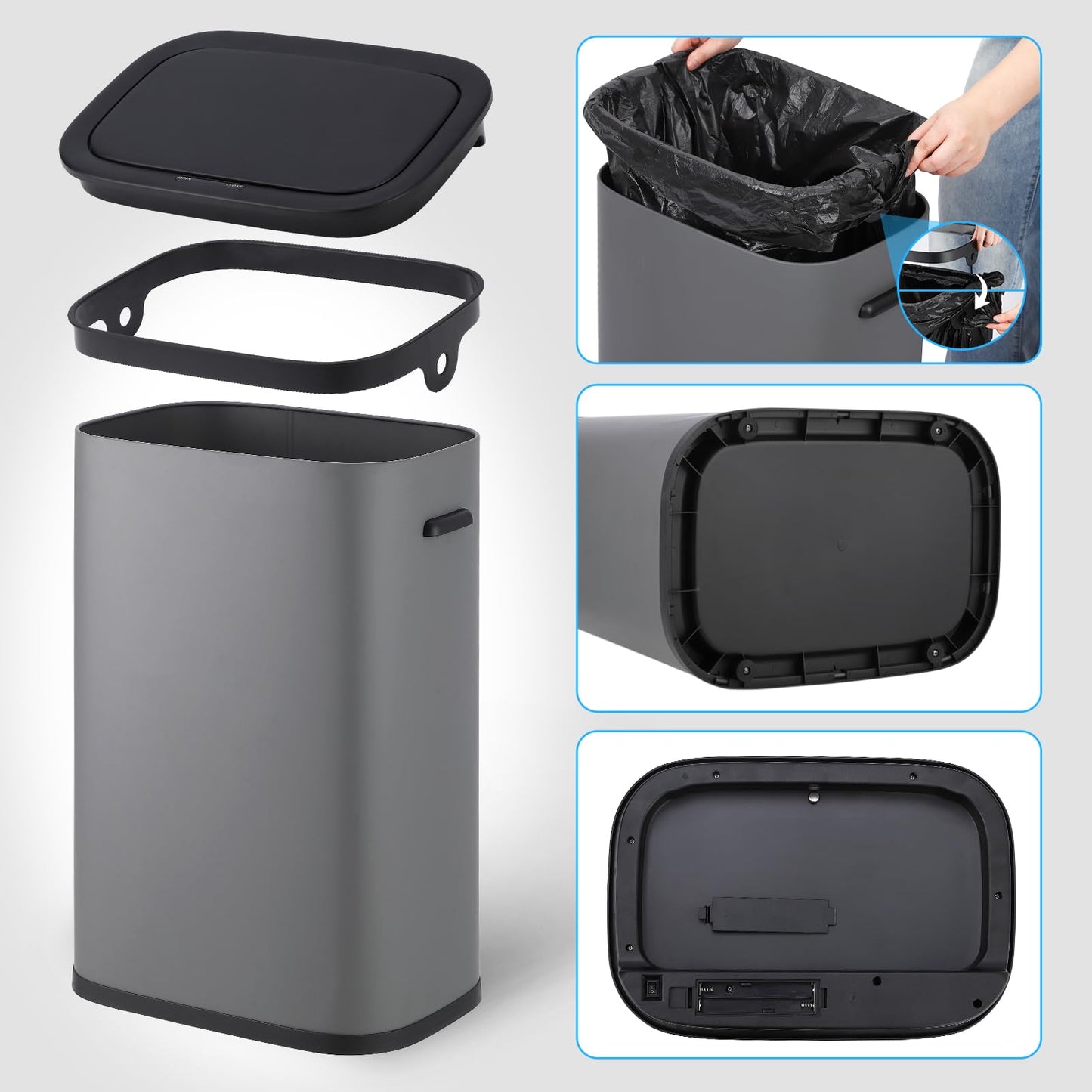 PrecisionAuto 14.5 Gal/55L Motion Sensor Trash Can, Touchless Automatic Garbage Bin with Soft-Close Lid & Handle, Rectangular Waste Basket for Kitchen, Bathroom, Bedroom, White(No Inner Bucket)