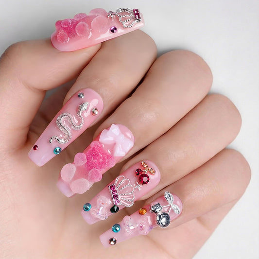 24Pcs Handmade Press on Nails, 3D Pink Long Length Square Fake Nails, Cute Manicure Kit with Full Covered Crystals for Women and Girls to Wear Daily