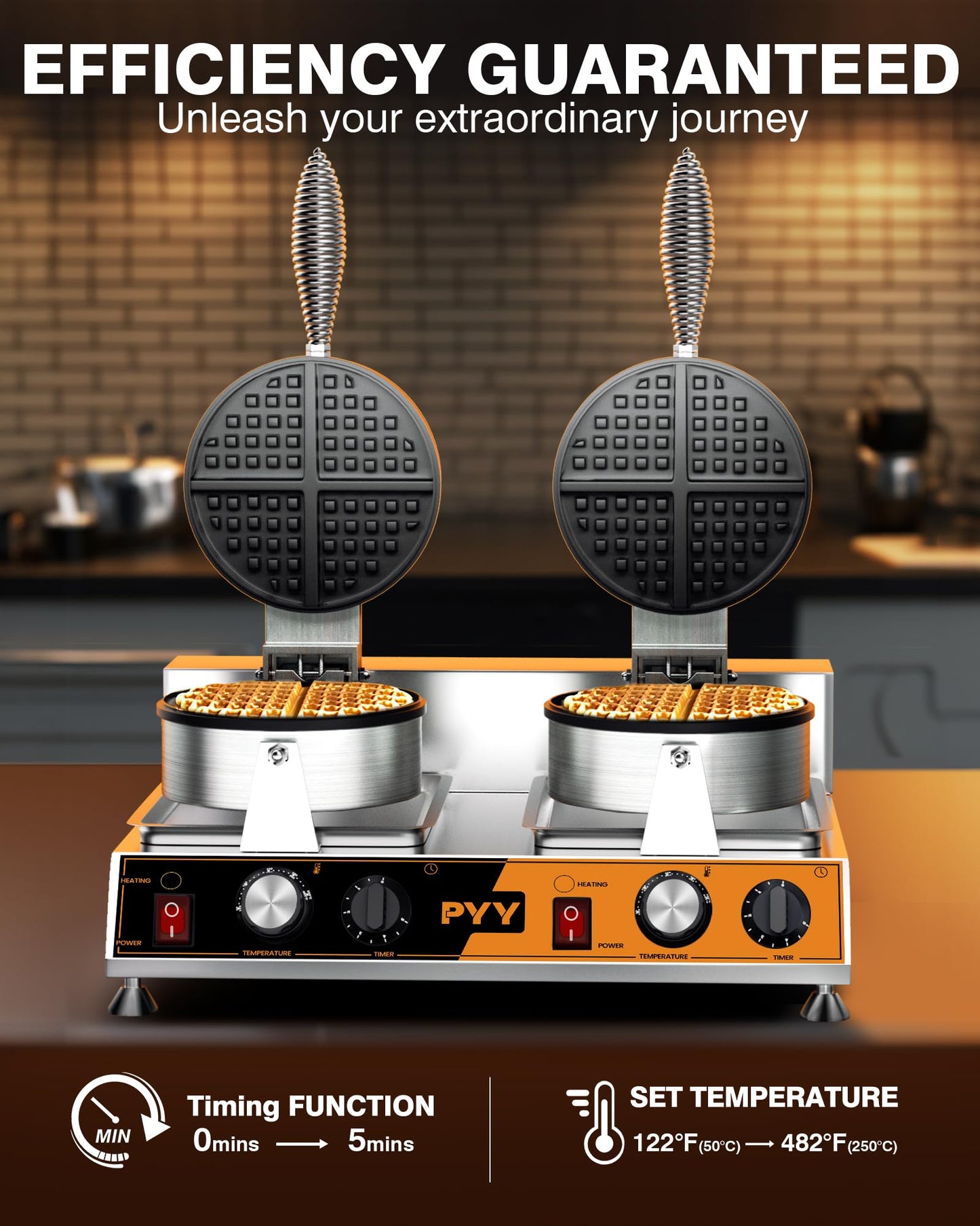 PYY Commercial Waffle Maker - Double Waffle Maker, Large, Stainless Steel, Non-stick Electric Chaffle Maker for Restaurant Party Food Stall