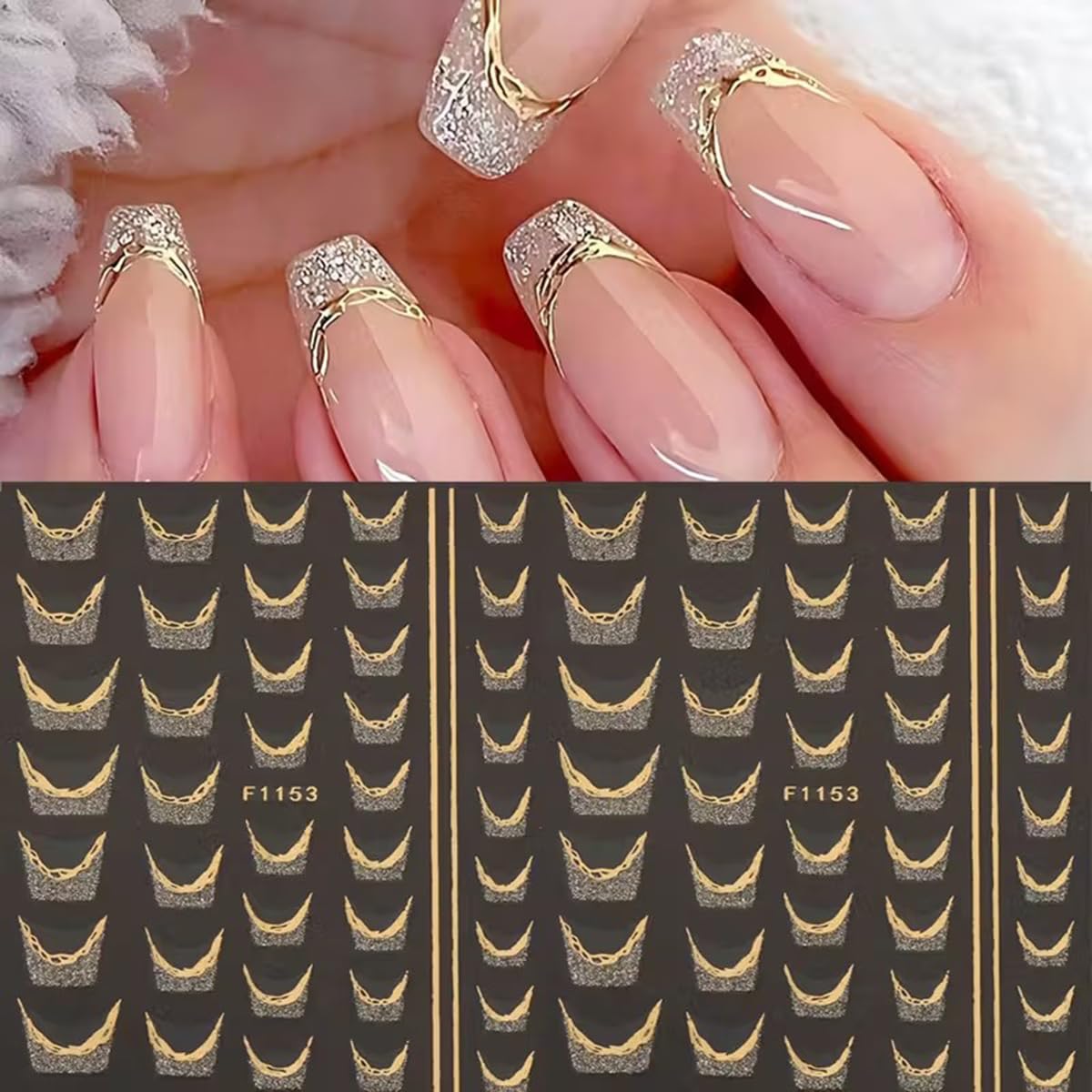 French Line Nail Art Stickers Golden Glitter French Tip Nail Decals Nail Art Supplies 6PCS Stripe Tape Wave Butterfly Nails Adhesive Sliders Manicure Sticker for Nails Women Daily DIY Nail Decorations