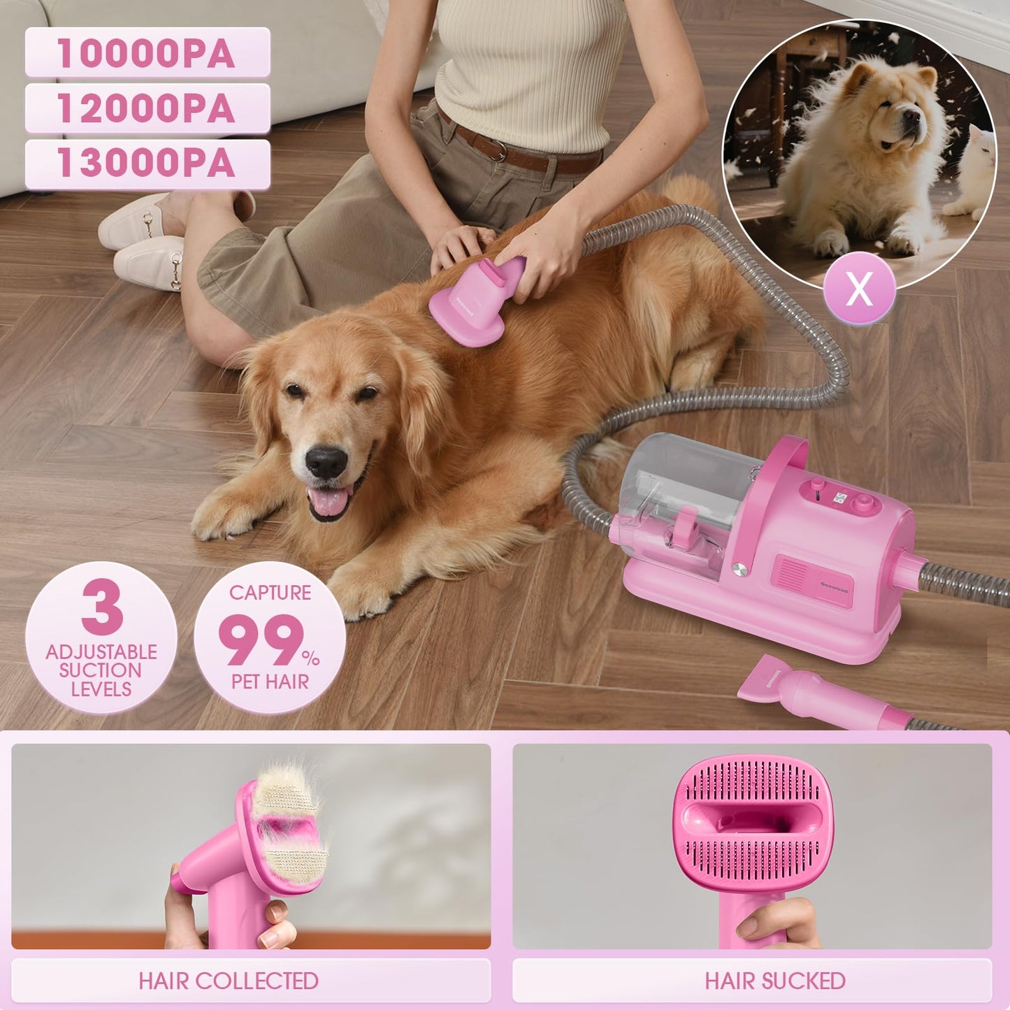 geoorood Dog Grooming Vacuum and Dryer Kit, Blower for Pet Vacuum Grooming 7 in 1 with Clippers for Dogs Hair Shedding Brush Remover Tools at Home Pink