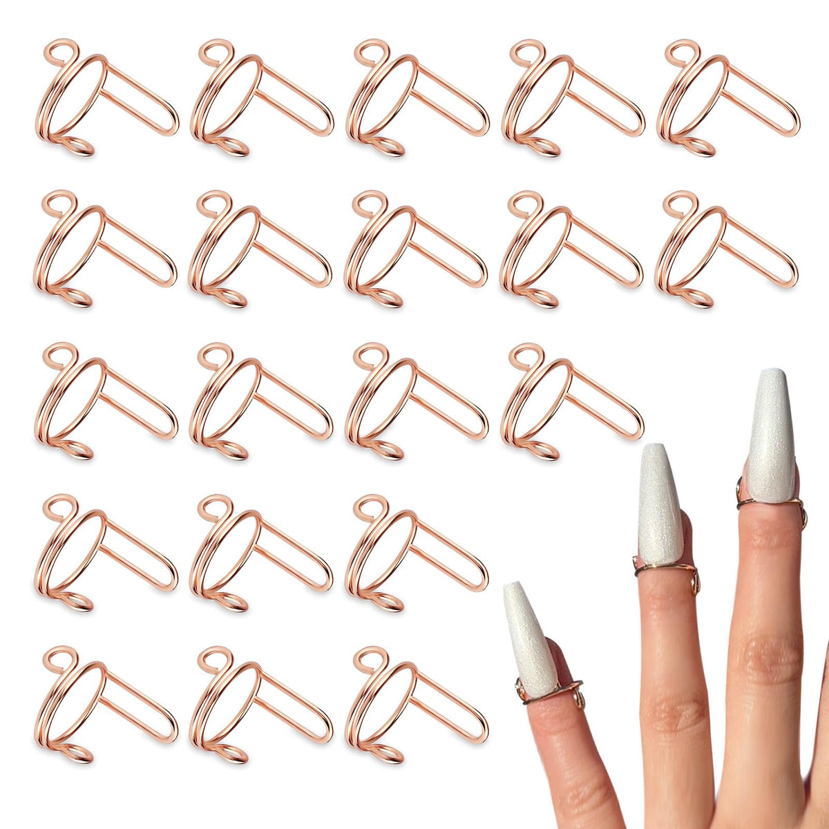 Bagentry 20 Pieces Detachable Nail Rings Rose Gold, Adjustable Fingernail Rings for Women Girl Gift, Reusable No Glue Metal Nails for Fingers Art Decoration (Rose Gold)
