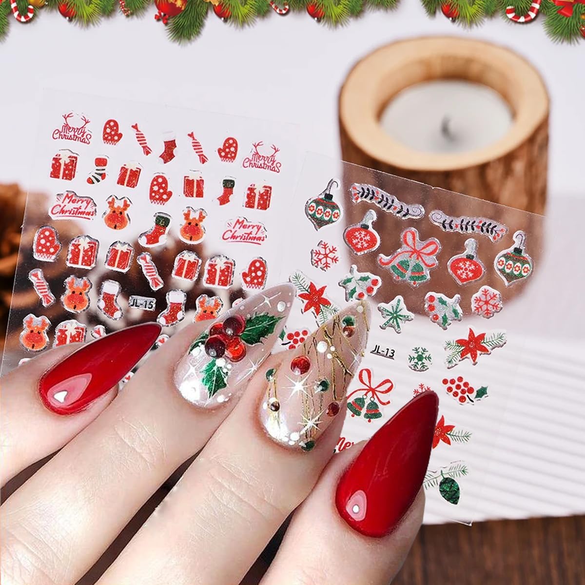 30Pcs/Set Glitter Christmas Nail Sticker 3D Self- Adhesive Nail Decals with Cute Penguin Deer Snowman Snowflake Elk Santa Claus Design Xmas Nail Art Stickers for Women Winter Holiday Nail Decorations