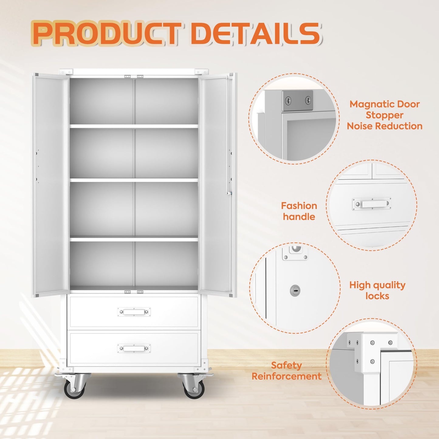SUXXAN Rolling Storage Cabinet with 2 Doors and 2 Drawers, Heavy Duty Metal Storage Cabinet with Shelves, Locking Steel Cabinet for Warehouse, Home, Office (White)