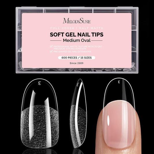 MelodySusie Medium Oval Round X Nail Tips - 600Pcs 15 Sizes Clear Acrylic, Half Matte Full Cover Press on Nails for DIY Extension & Salon Use, Pre-Shaped for Long-Lasting Manicure