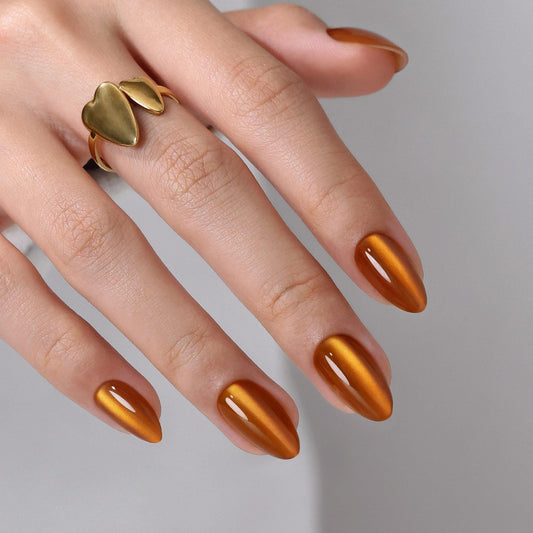 Orange Press On Nails Short Almond - GJZEZ Soft Gel Amber Cat Eye Nails Press Ons Fall Thanksgiving, Salon Quality Magnetic Cateye Glass Glue On Nails | 16 Sizes - 32 pcs Reusable Nail, Maple Syrup