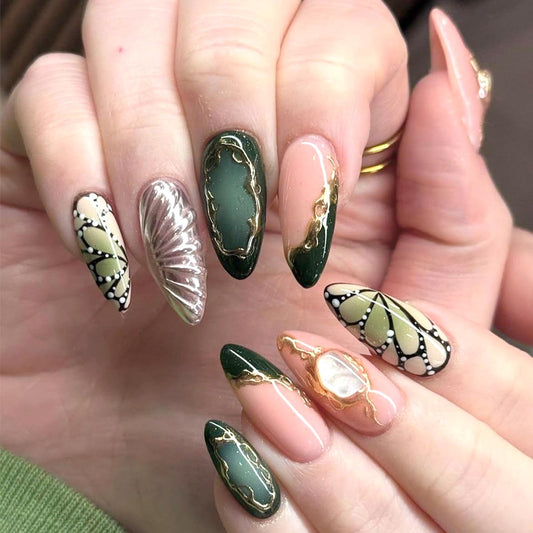 24pcs Almond Press on Nails Medium Length Fake Nails French Tip Press on Butterfly Wings Designs Glossy Chrome Gold Gems Stick on Nails Almond Nails Retro Green Fall Luxury Nail Finger Manicure Kit