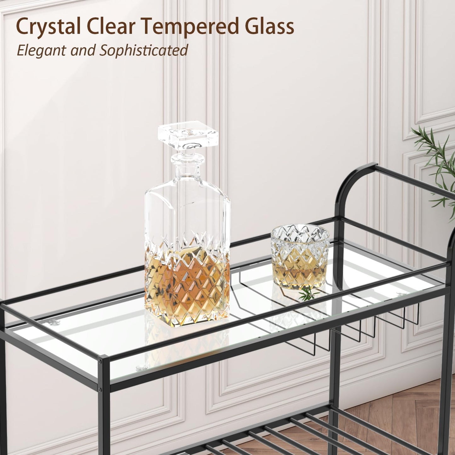 Alihdrna Black Bar Cart, Home Bar Serving Cart with Handle, Wine Cart with 3-Tier Glass Shelves, Beverage Cart with Wine Rack and Glass Holder, Bar Carts for The Home, Dining Room, Living Room