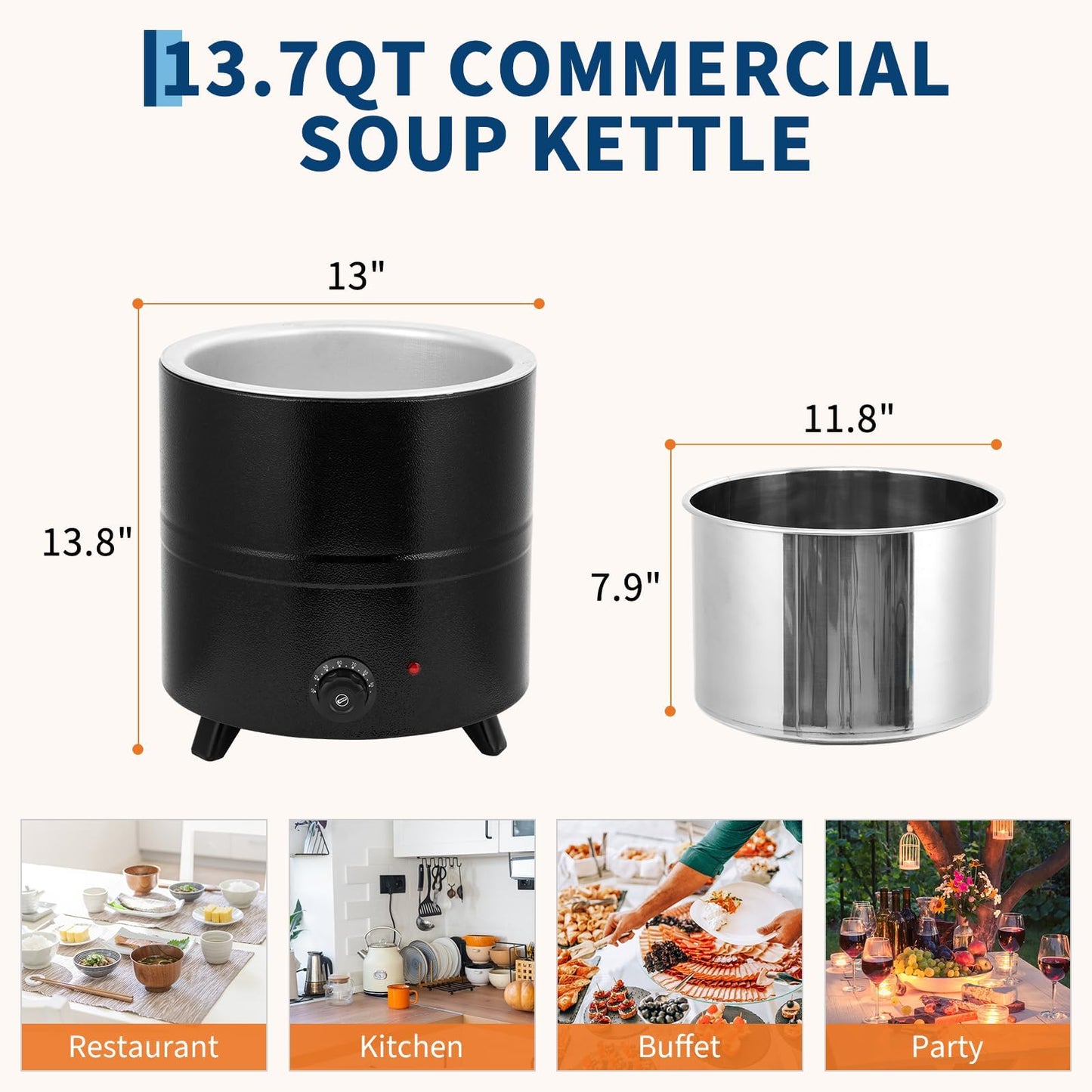 GarveeHome Soup Warmer, 13.7 Qt Commercial Grade Soup Kettle with Swing Lid and Detachable Stainless Steel Insert Pot, Food Warmer with Anti-Scald Handle for Restaurants, Buffet, Catering
