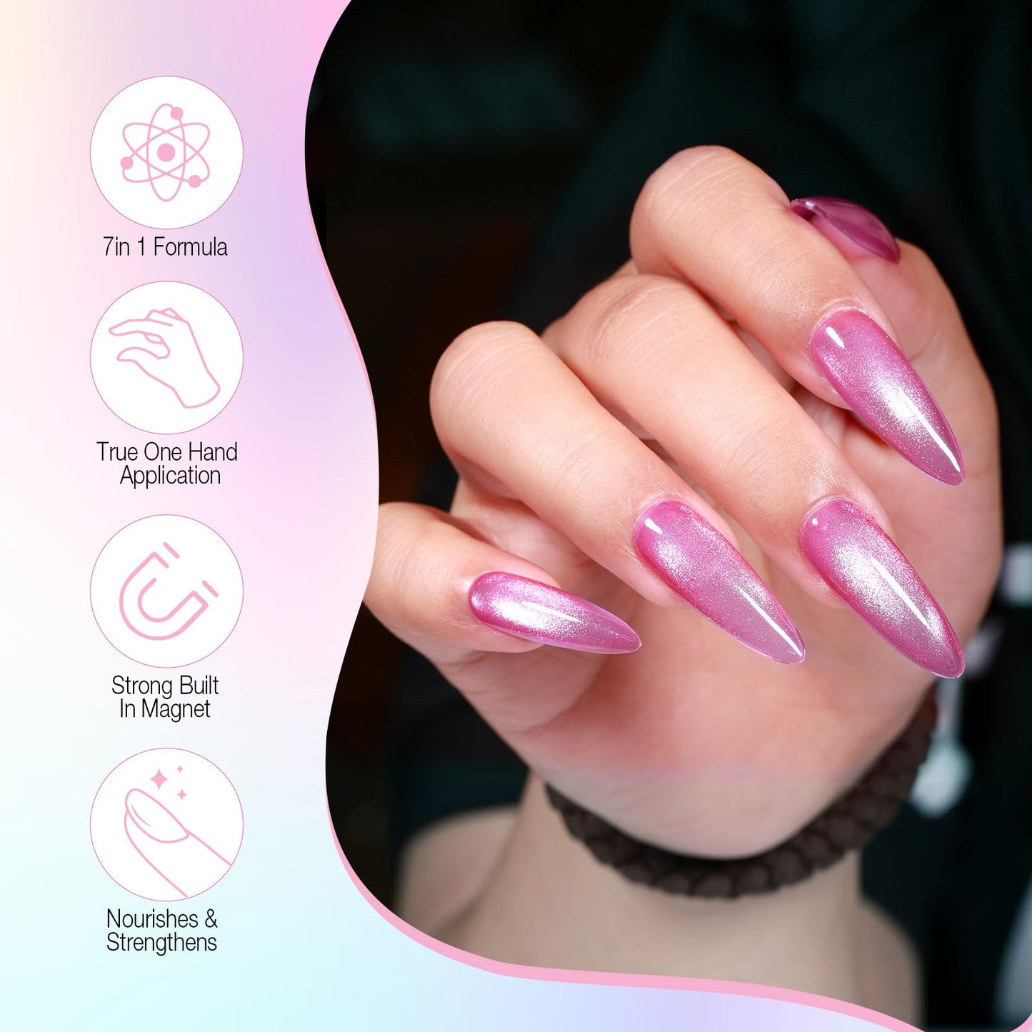 7-in-1 Cat Eye Gel Nail Polish Pen 2pcs, One Step Magnetic Gel Polish with Magnet, No Base/Top Coat Needed, Pink & Purple Glassy Jelly Magnetic Gel Soak Off UV LED Nail Art DIY Home Salon