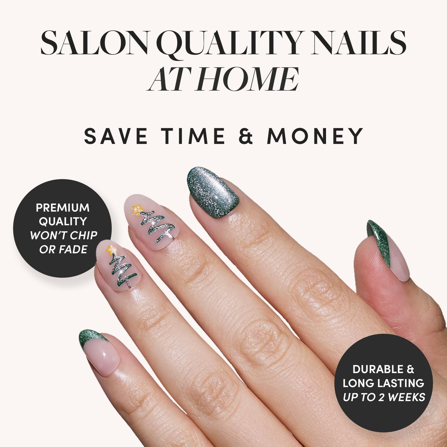 Glamnetic Press-On Nails Bundle - Cold Hearted, Velvet Pine & Cutie Pine | Short Almond Fake Nails with Heart Accent and Pale Blue Velvet Finish | Deep Green Short Oval Fake Nails with French Tips, Tr