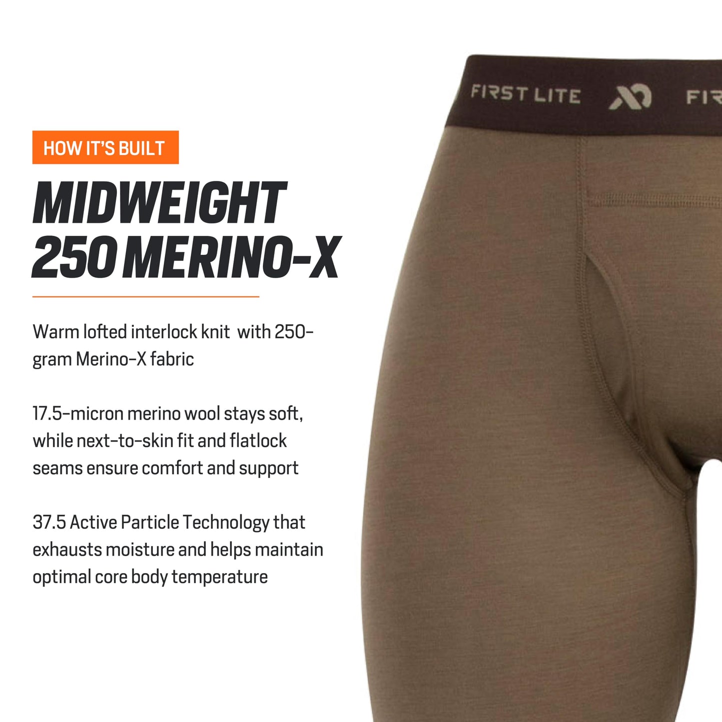 First Lite Men's Kiln Long John - Midweight Merino Wool Hunting Base Layer - Dry Earth - XX-Large