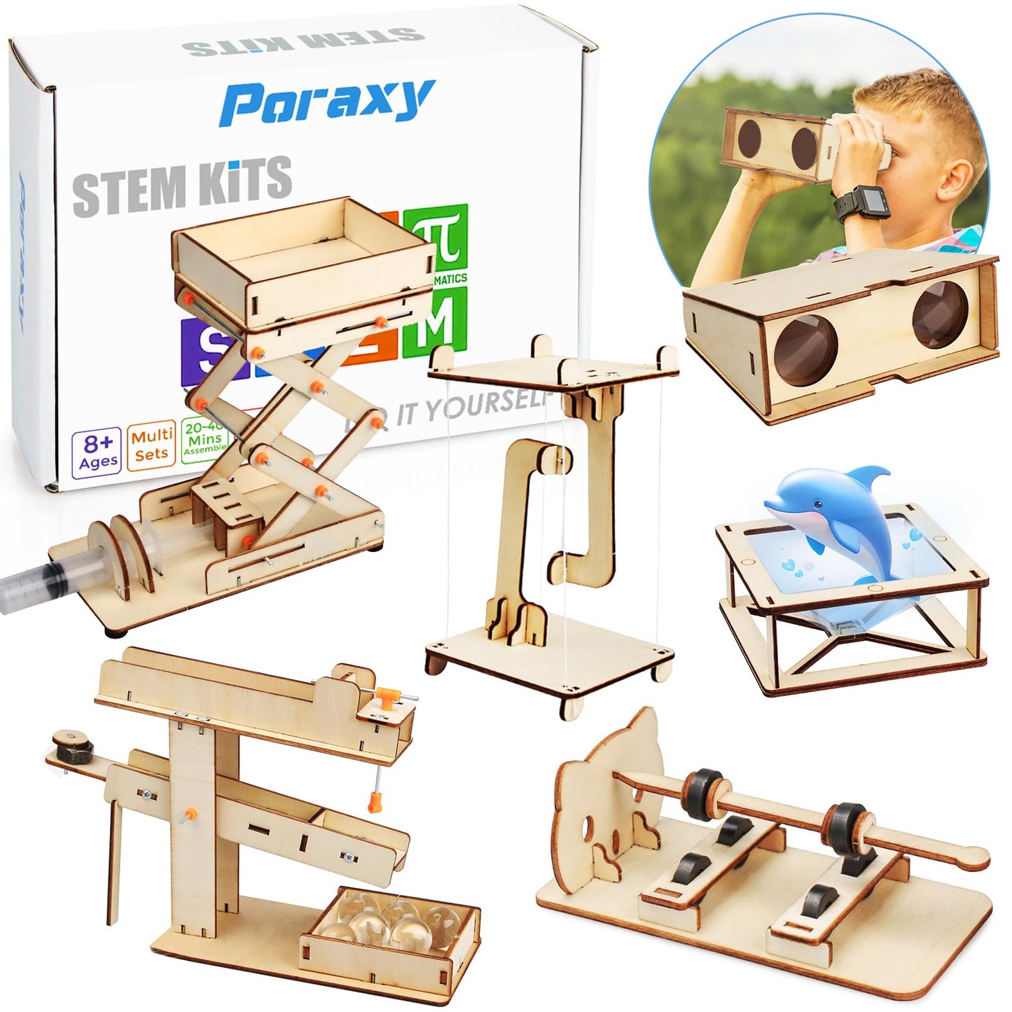 Poraxy 6 in 1 STEM Kits for Kids Age 8-10, Science Building Educational Experiment Projects 8-12, 3D Wooden Puzzles Crafts, Toys for Age 8-13, Gifts for Boys and Girls 6 7 8 9 10 11 12 13 Years Old