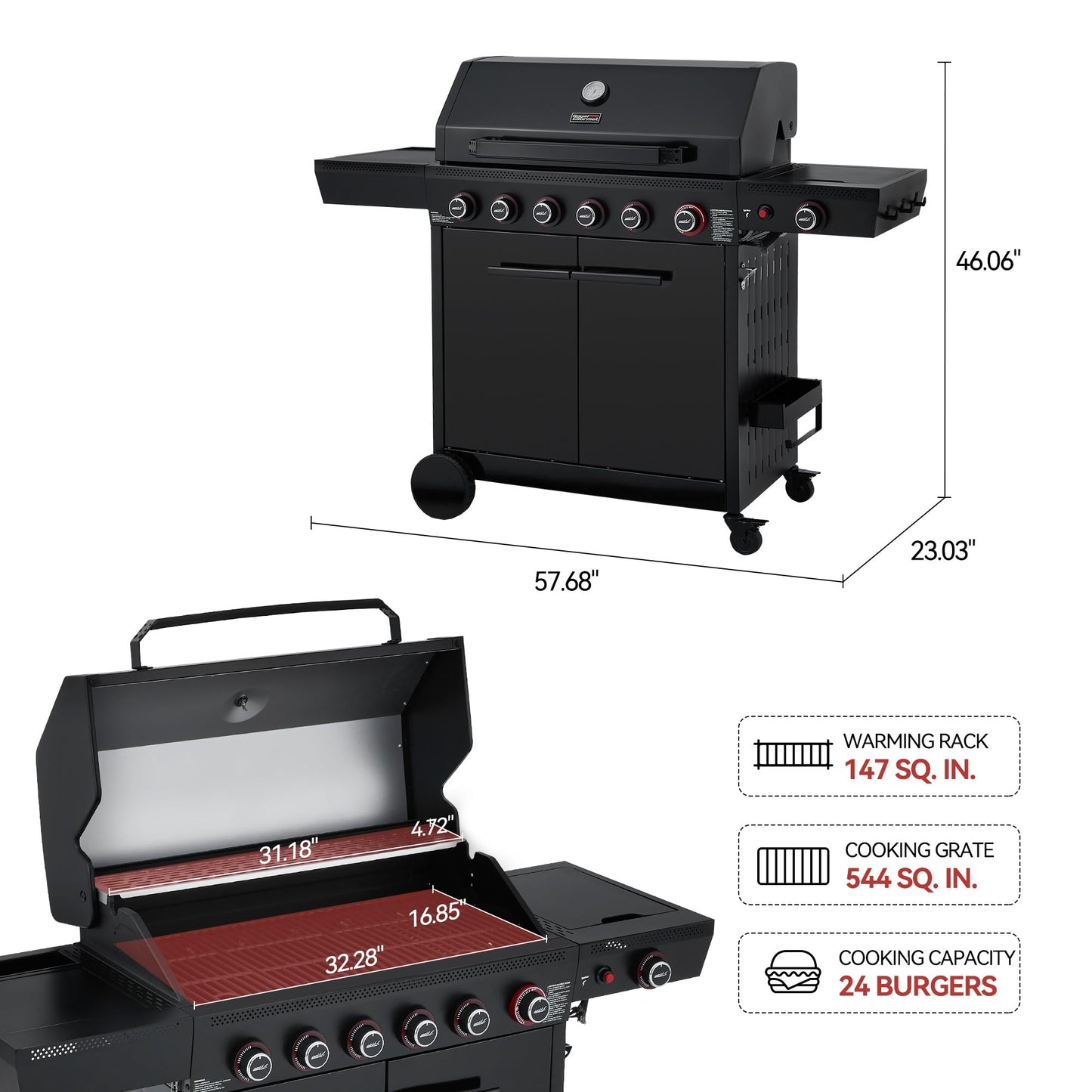 Royal Gourmet GE6001H 6-Burner Gas Grill, 72,000 BTU, 691 Sq. In. Cooking Area, with Sear and Side Burner, Side Shelf with hooks, spice basket, Movable Cabinet Style Grill for Outdoor Grilling, Black