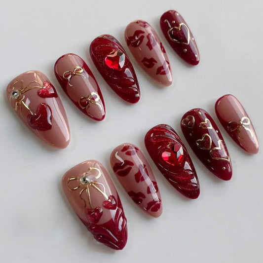Medium Almond Press on Nails for Women,Red Lips & Hearts,Fake Nails Artificial Stick on Nails