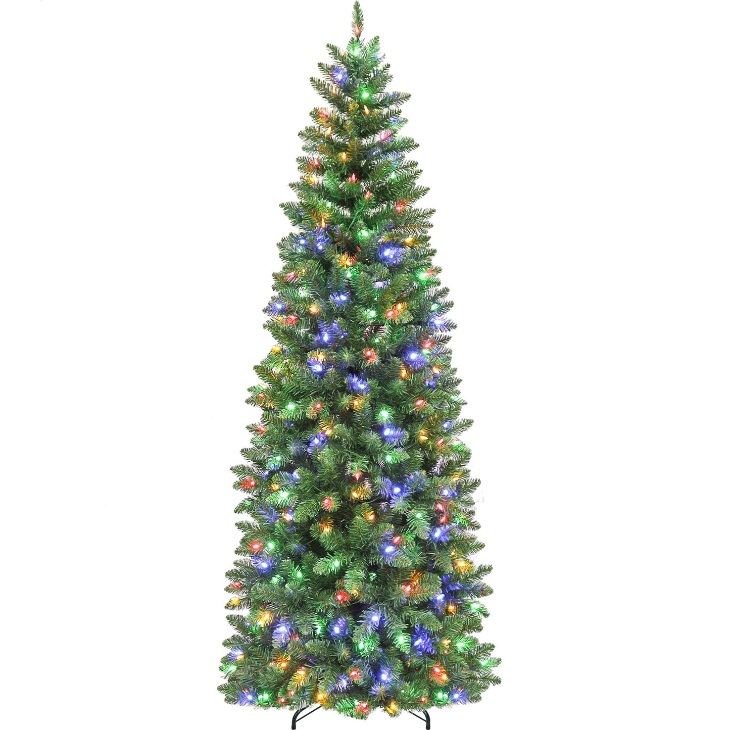 Hykolity 6ft Prelit Pencil Slim Christmas Tree with 200 Color Changing LED Lights, 544 Branch Tips, Metal Stand and Hinged Branches, 10 Color Modes
