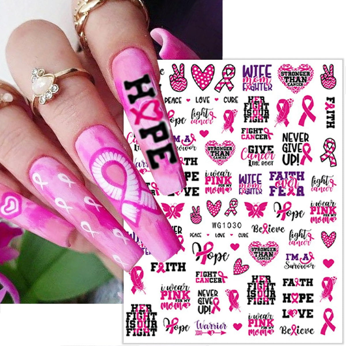 8 Sheets Pink Breast Cancer Awareness Nail Stickers for Nail Art Pink Ribbon Nail Decals 3D Self-Adhesive Breast Cancer Nail Art Stickers Heart Hope Letter Nail Design Decals for Women