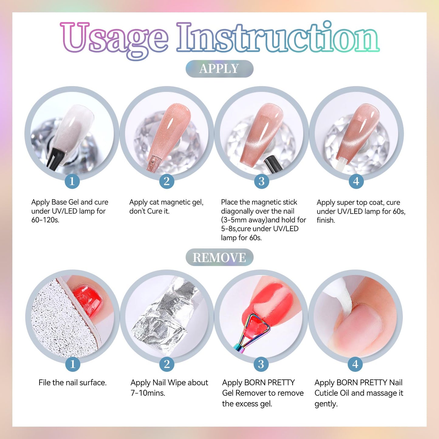Born Pretty Cat Magnetic Eye Gel Nail Polish Set,6 Colors Glitter Blue Tears Mermaid Holographic Translucent Magnetic Gel Polish, Soak Off U V Gel for Manicure Salon DIY