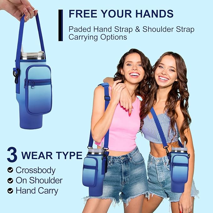 GOEWY Water Bottle Carrier Bag for Stanley 40/30 oz Tumbler with Phone Pocket Neoprene Water Bottle Holder with Shoulder & Handheld Strap Stanley Cup Accessories